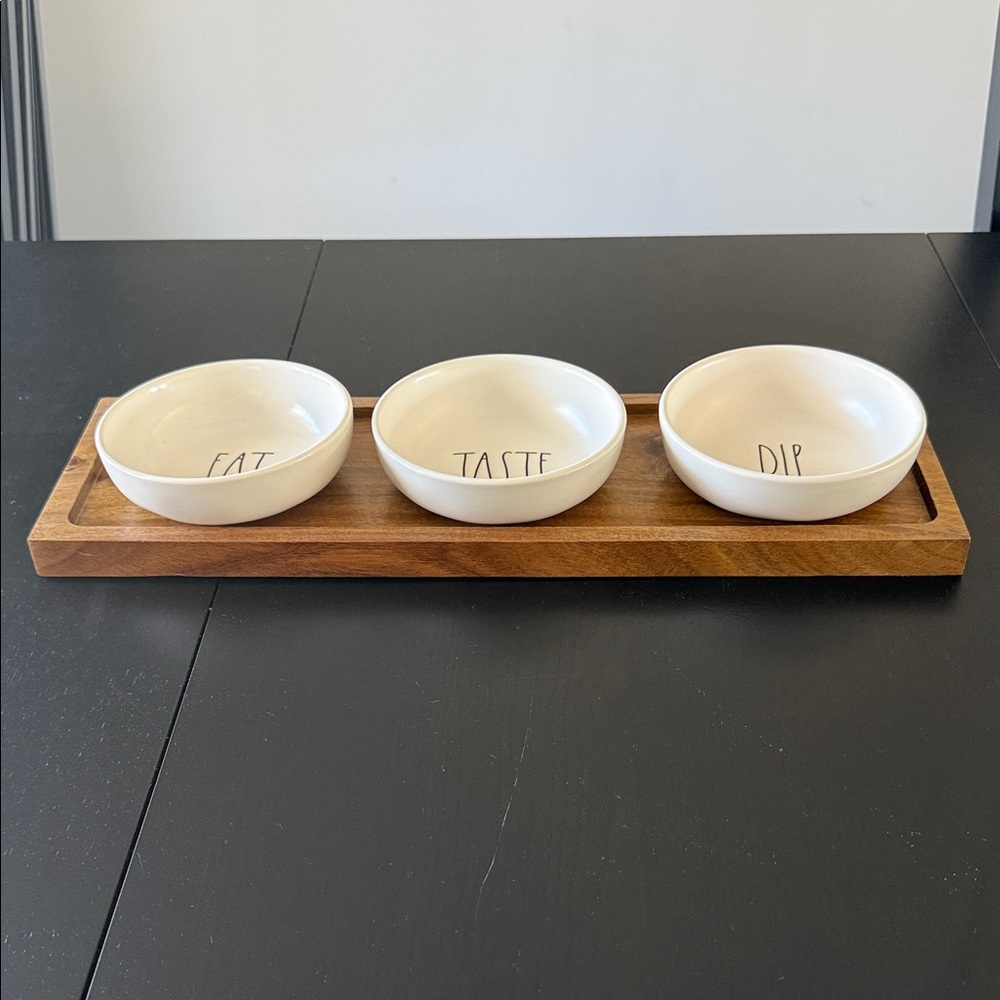 Rae Dunn-White Ceramic Bowls on Wooden Tray